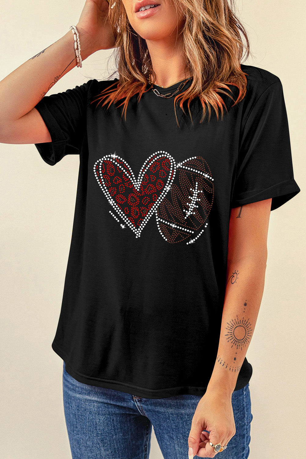 Black Rhinestone Rugby Heart Shape Graphic Game Day Crewneck T Shirt