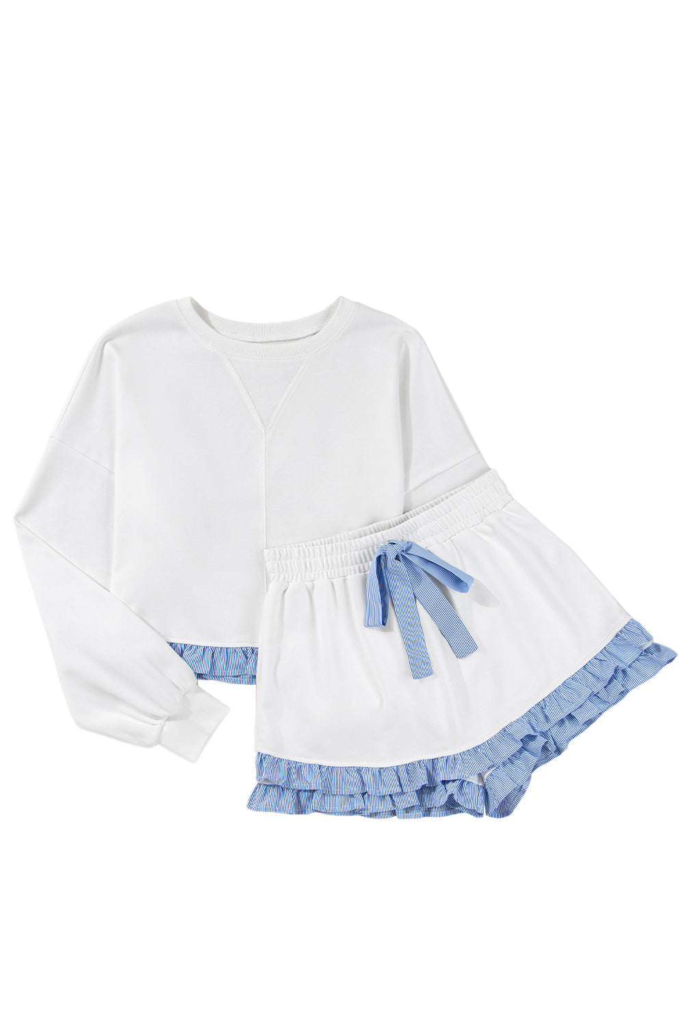 White Striped Ruffle Hem Long Sleeve Pullover and Shorts Set