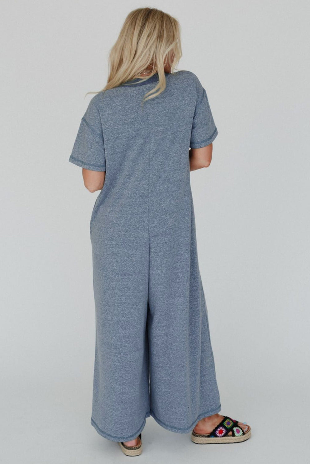 Beau Blue Patchwork Pocket Short Sleeve Jumpsuit