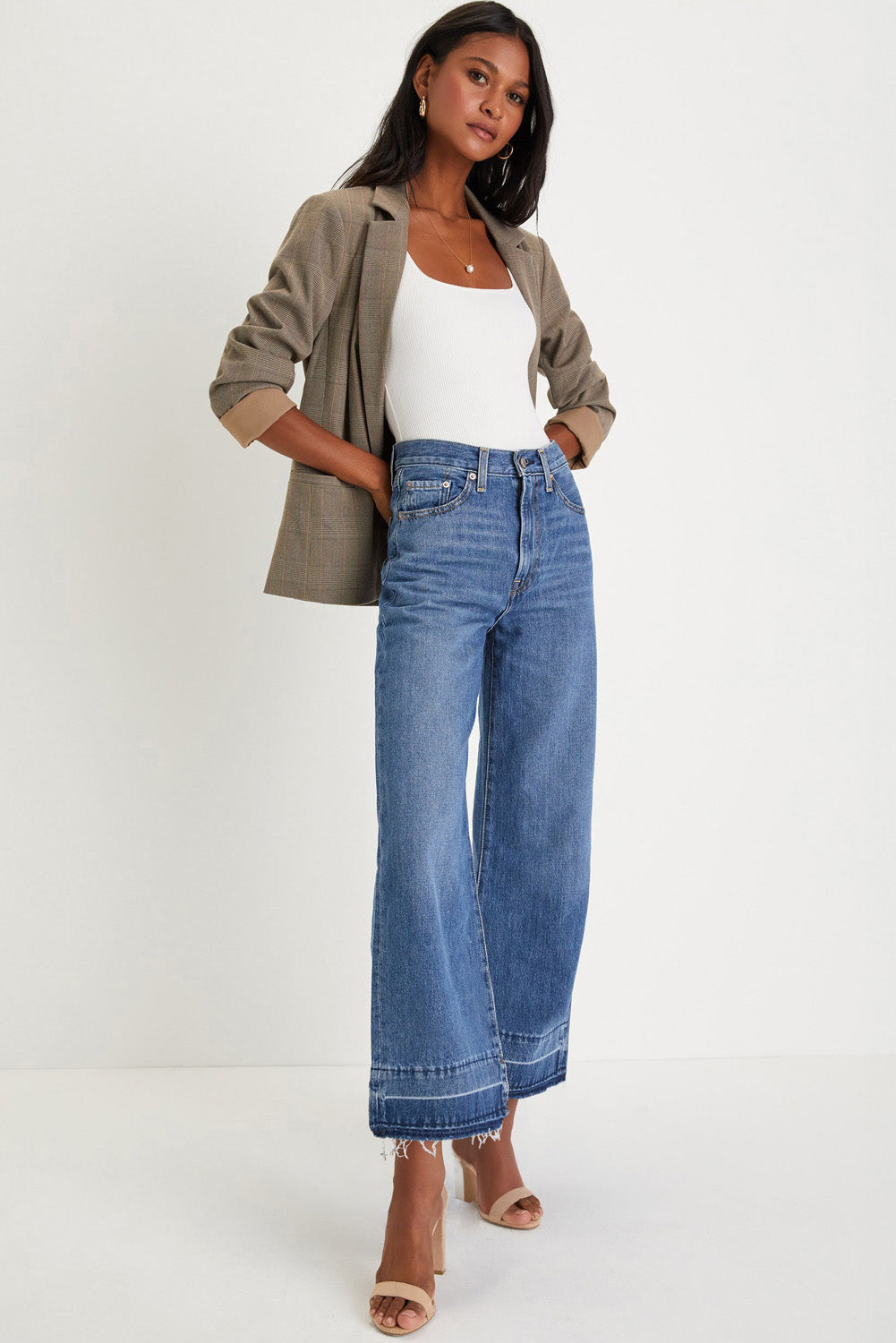 Real Teal Raw Hem Straight Leg Loose High Waist Jeans