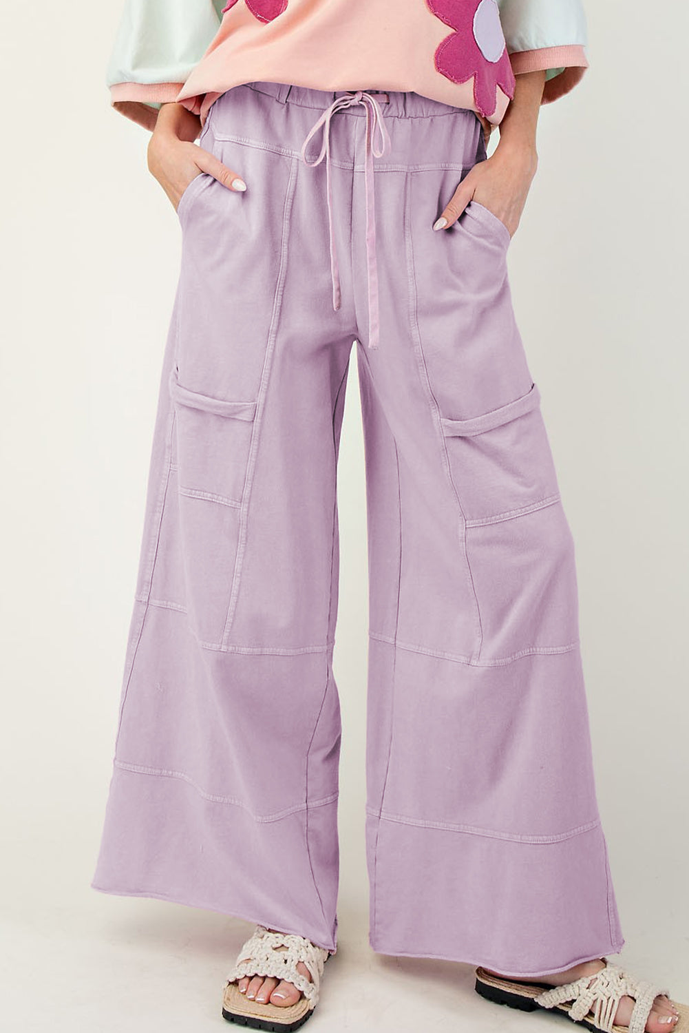 Black Mineral Wash Exposed Seam Drawstring Elastic Waistband Wide Leg Cargo Pants
