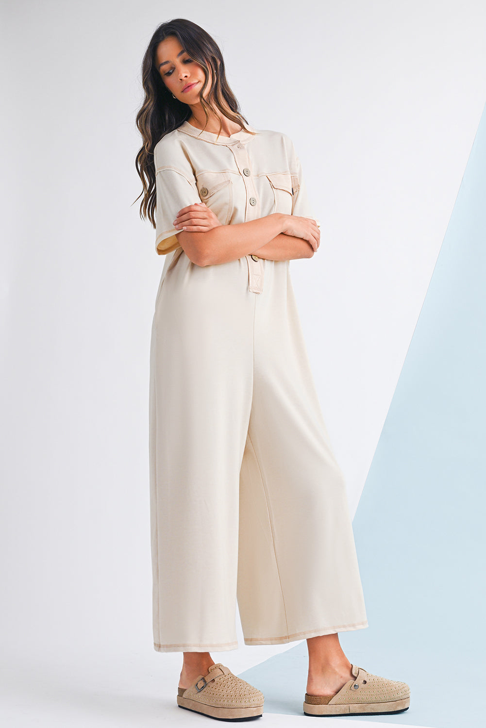 Beau Blue Patchwork Pocket Short Sleeve Jumpsuit