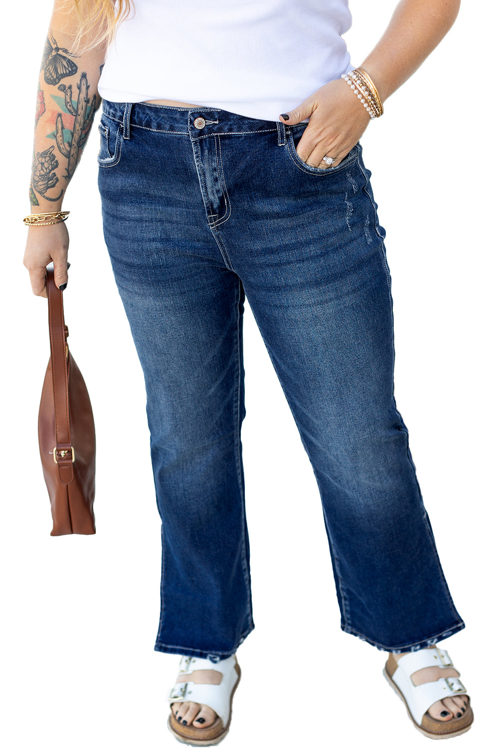 Dirty Blue Distressed Hem Plus Size Flared Jeans