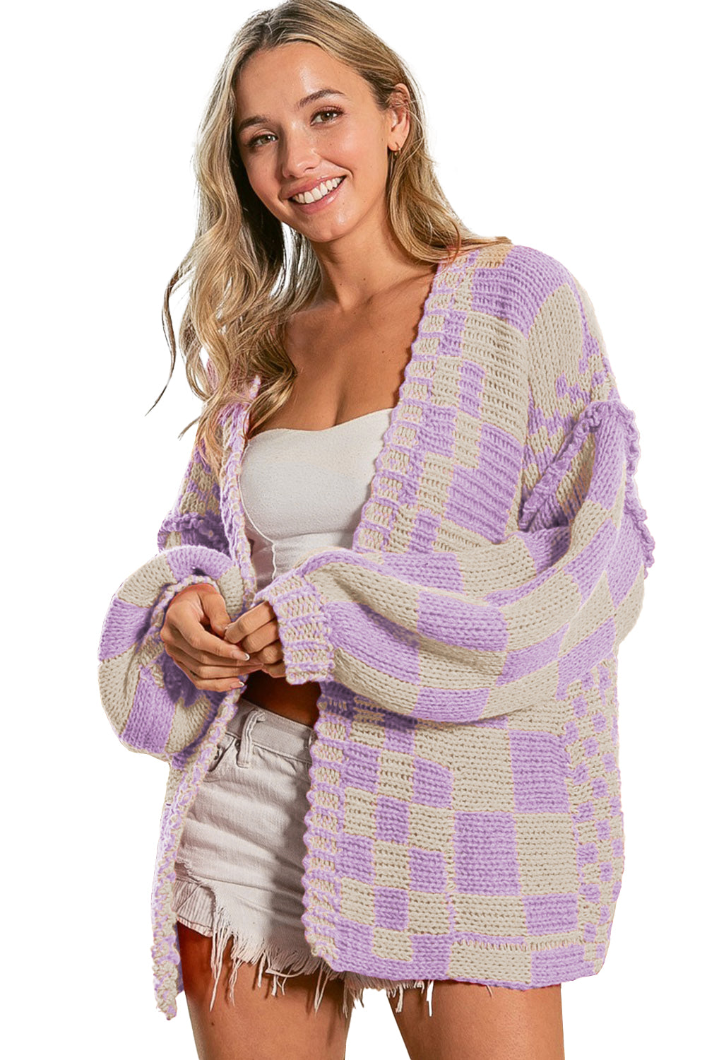 Smoke Gray Colorblock Checked Open Front Knitted Cardigan