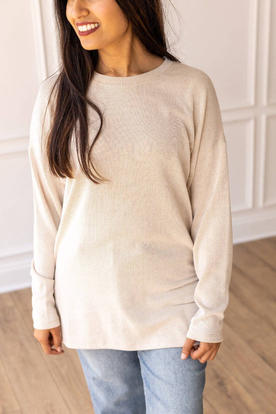 Pure Sweetness Beige Ribbed Long-sleeve Top