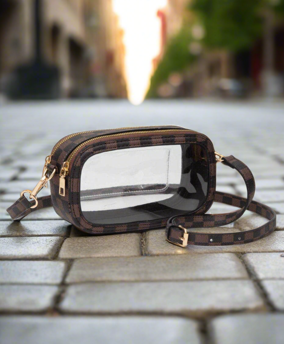 Checker Double Zipper Oval Clear Game Day Crossbody Bag