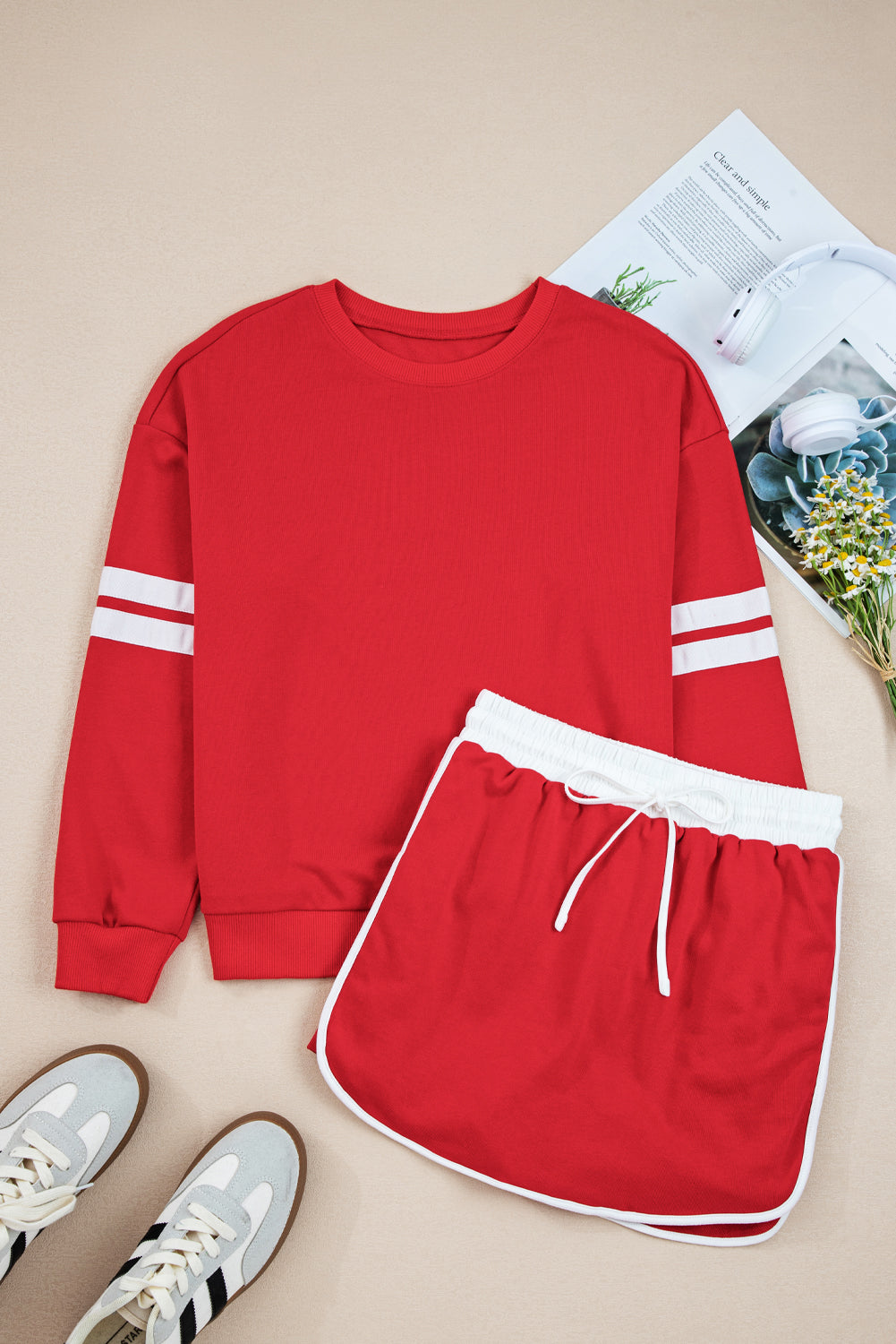 Black Varsity Stripe Detail Drop Shoulder Pullover Mini Skirt Set