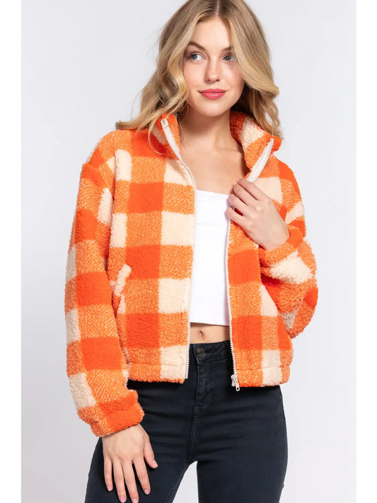 Plaid Faux Fur Jacket w/ Side Pockets