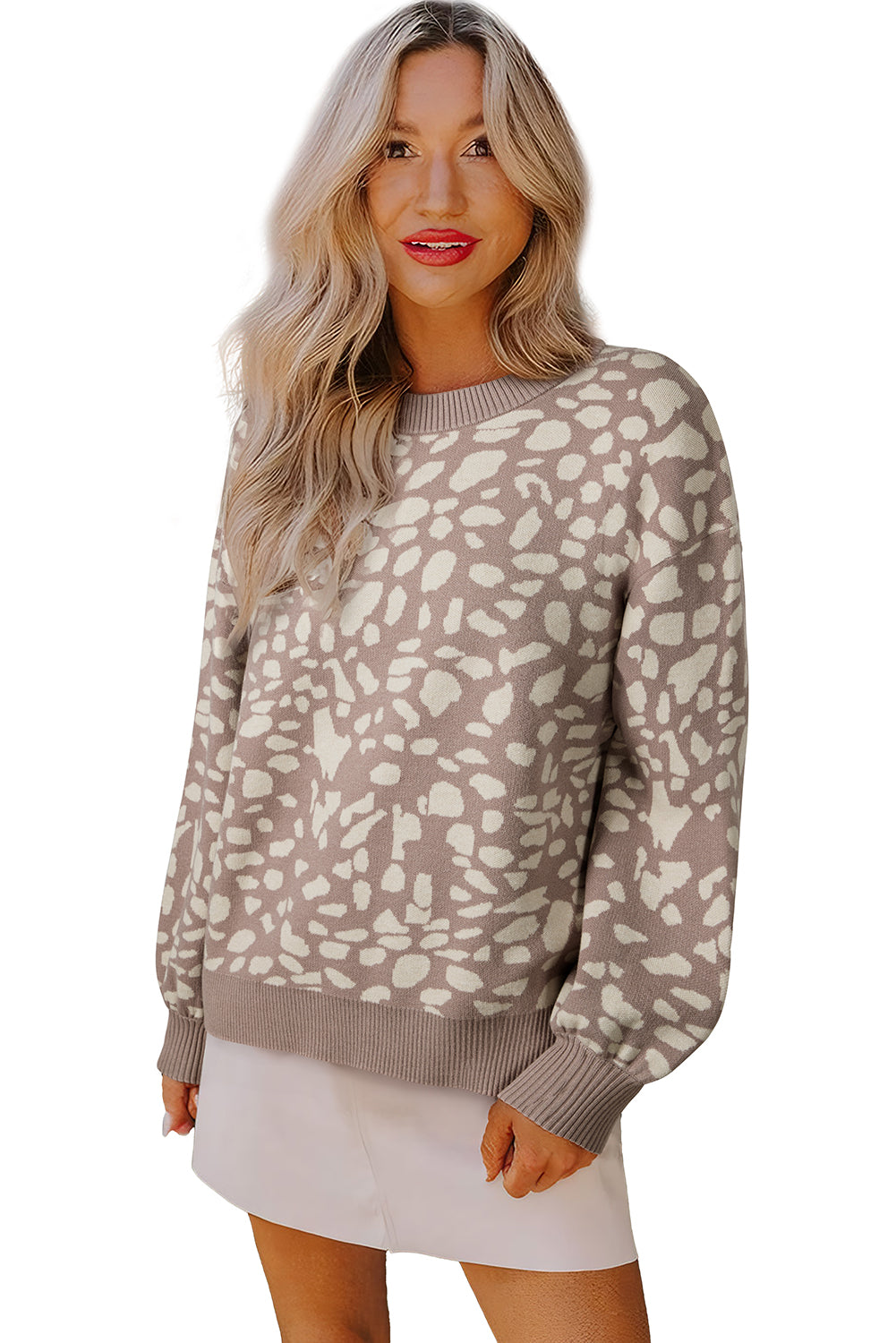 Gray Leopard Spots Pattern Ribbed Trim Drop Shoulder Sweater