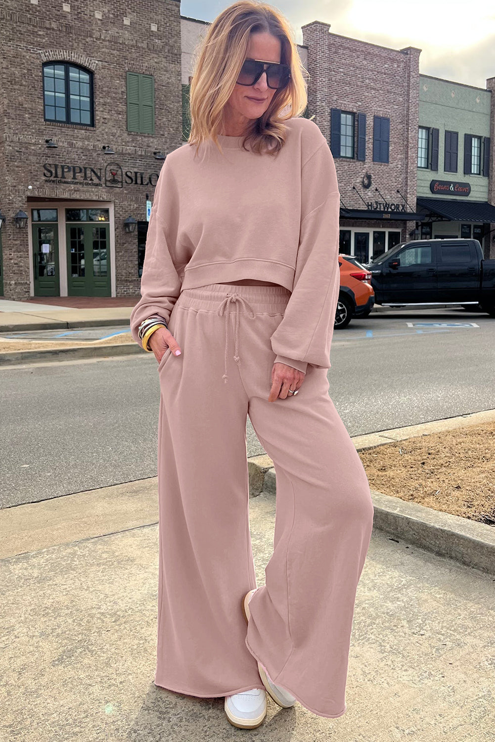 Bright Green Drop Shoulder Crop Pullover Drawstring Wide Leg Pants Set