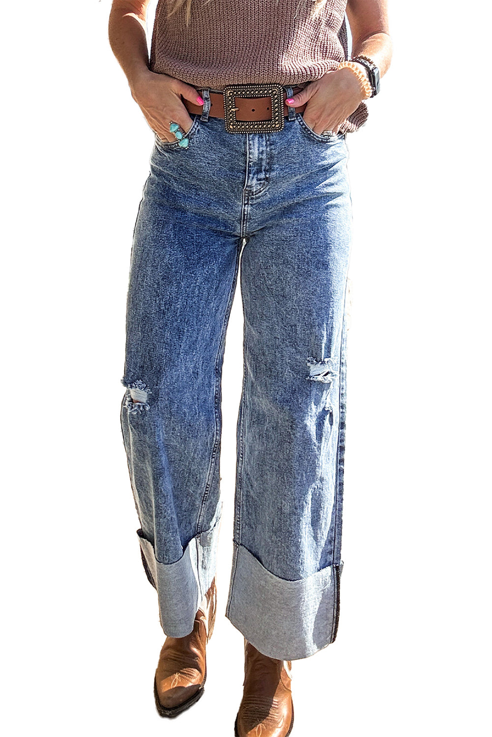 Ashleigh Blue Mineral Wash Distressed Wide Leg Jeans