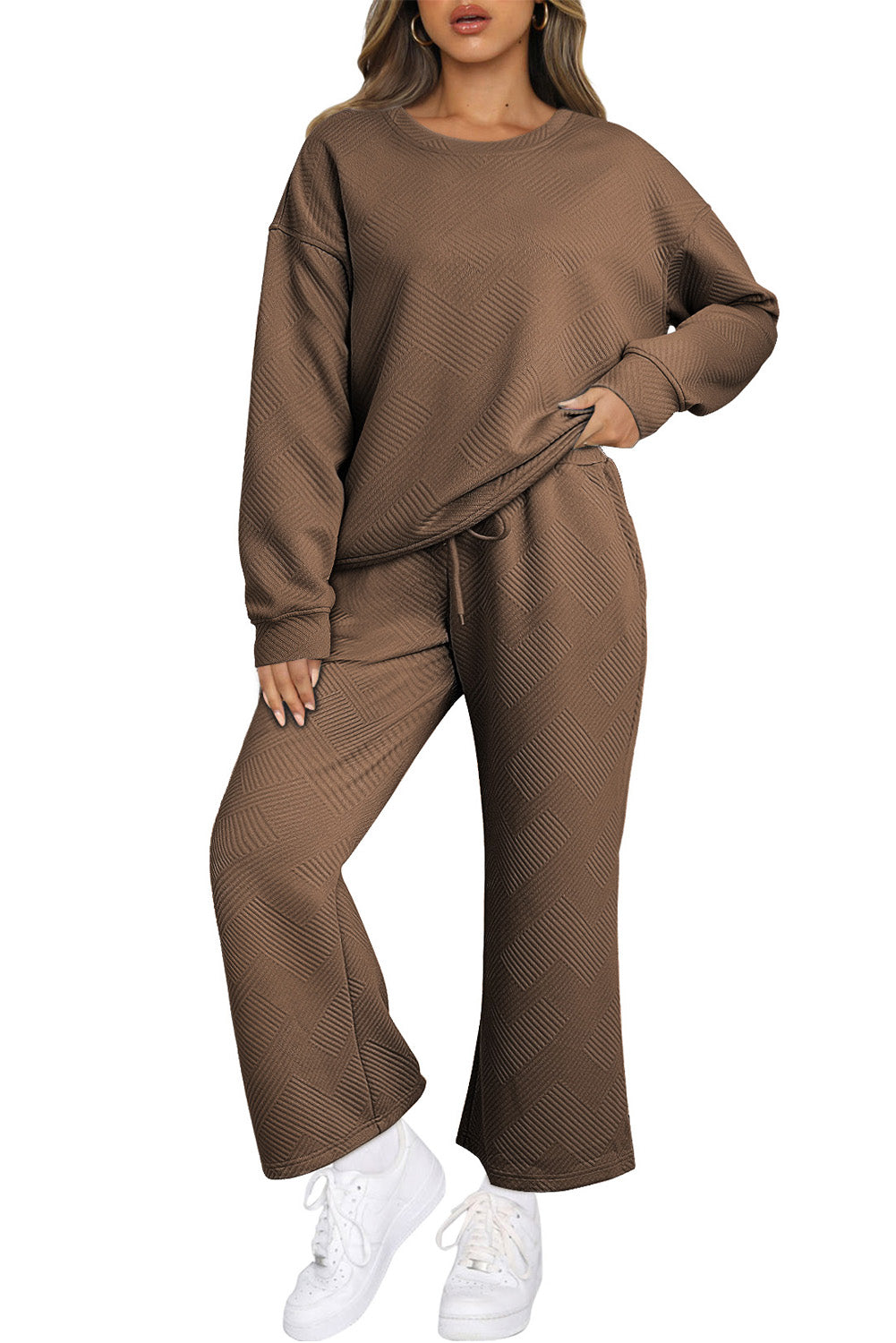 Black Textured Loose Slouchy Long Sleeve Top and Pants Set