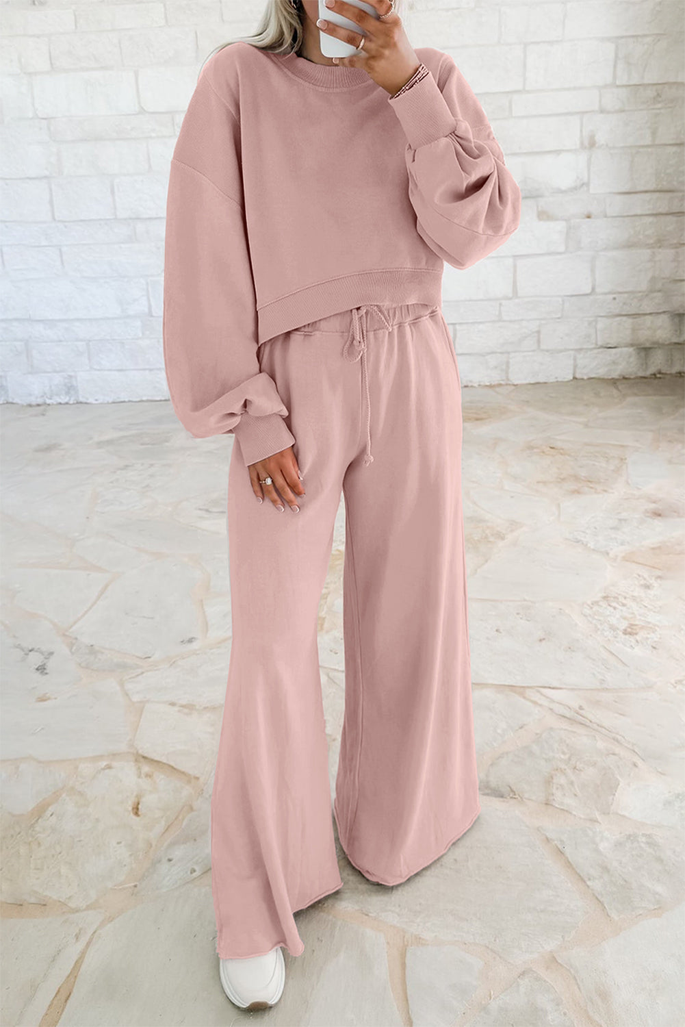 Bright Green Drop Shoulder Crop Pullover Drawstring Wide Leg Pants Set