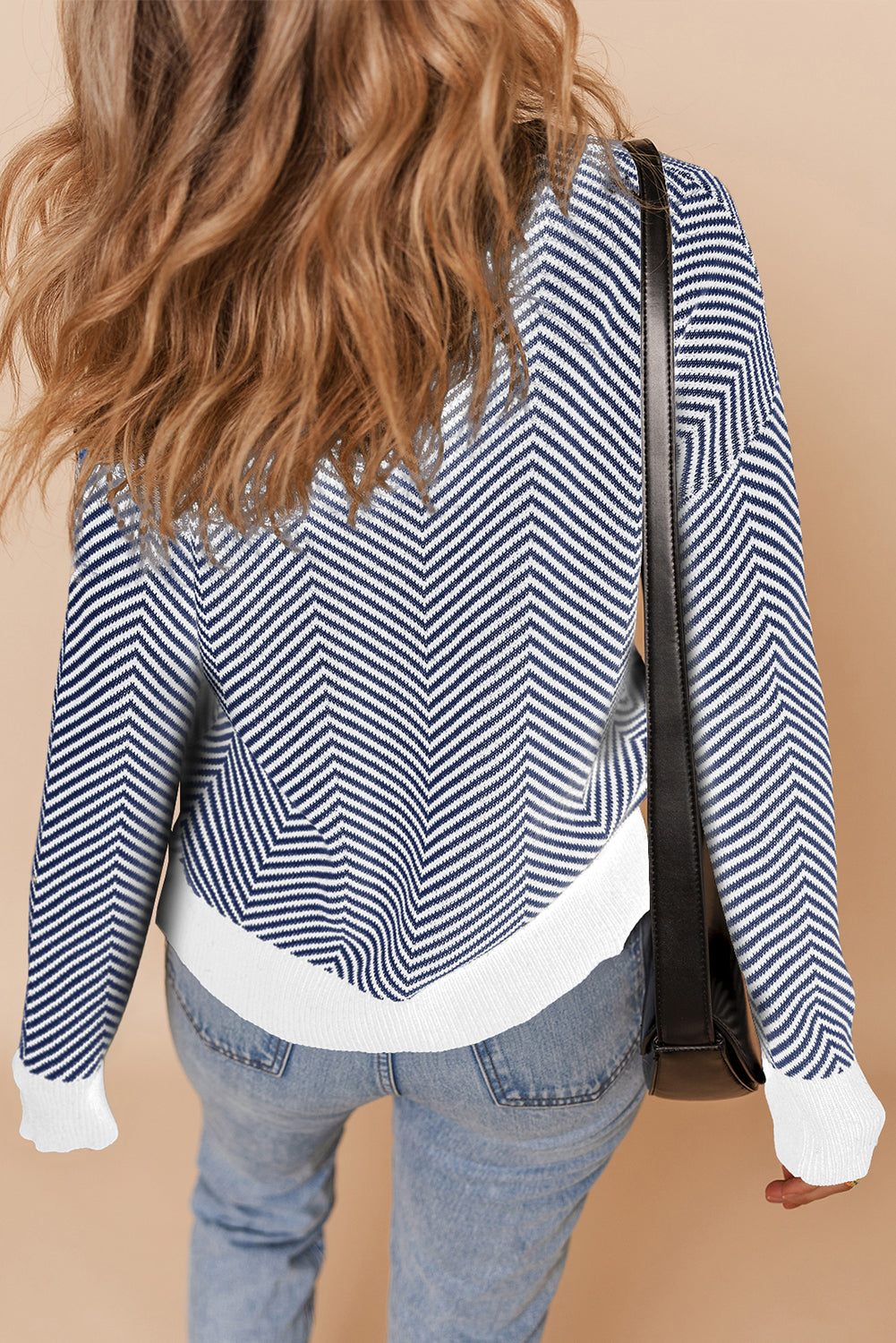 Brown Stripe Buttoned Front V Neck Herringbone Cardigan