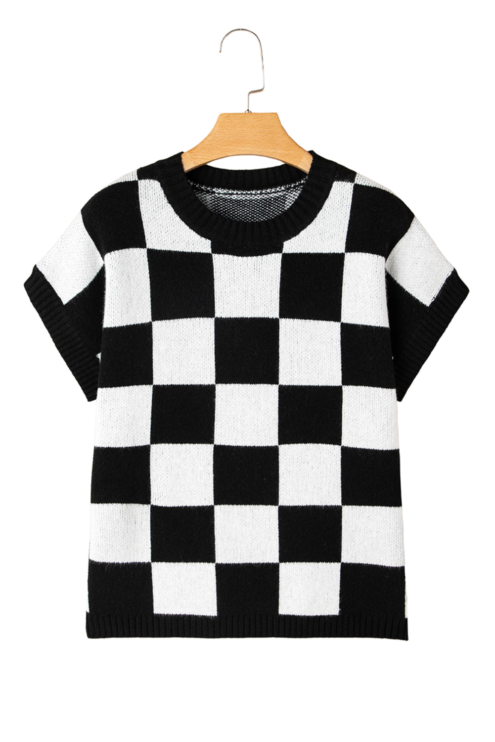 Light French Beige Checkered Knit Dolman Short Sleeve Sweater