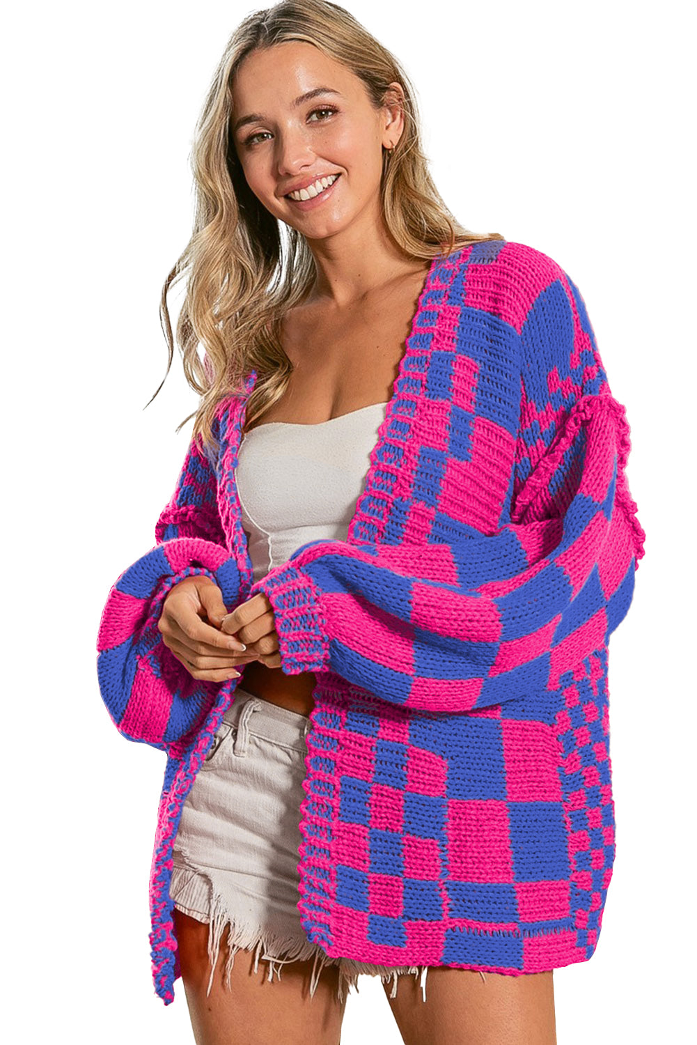 Smoke Gray Colorblock Checked Open Front Knitted Cardigan