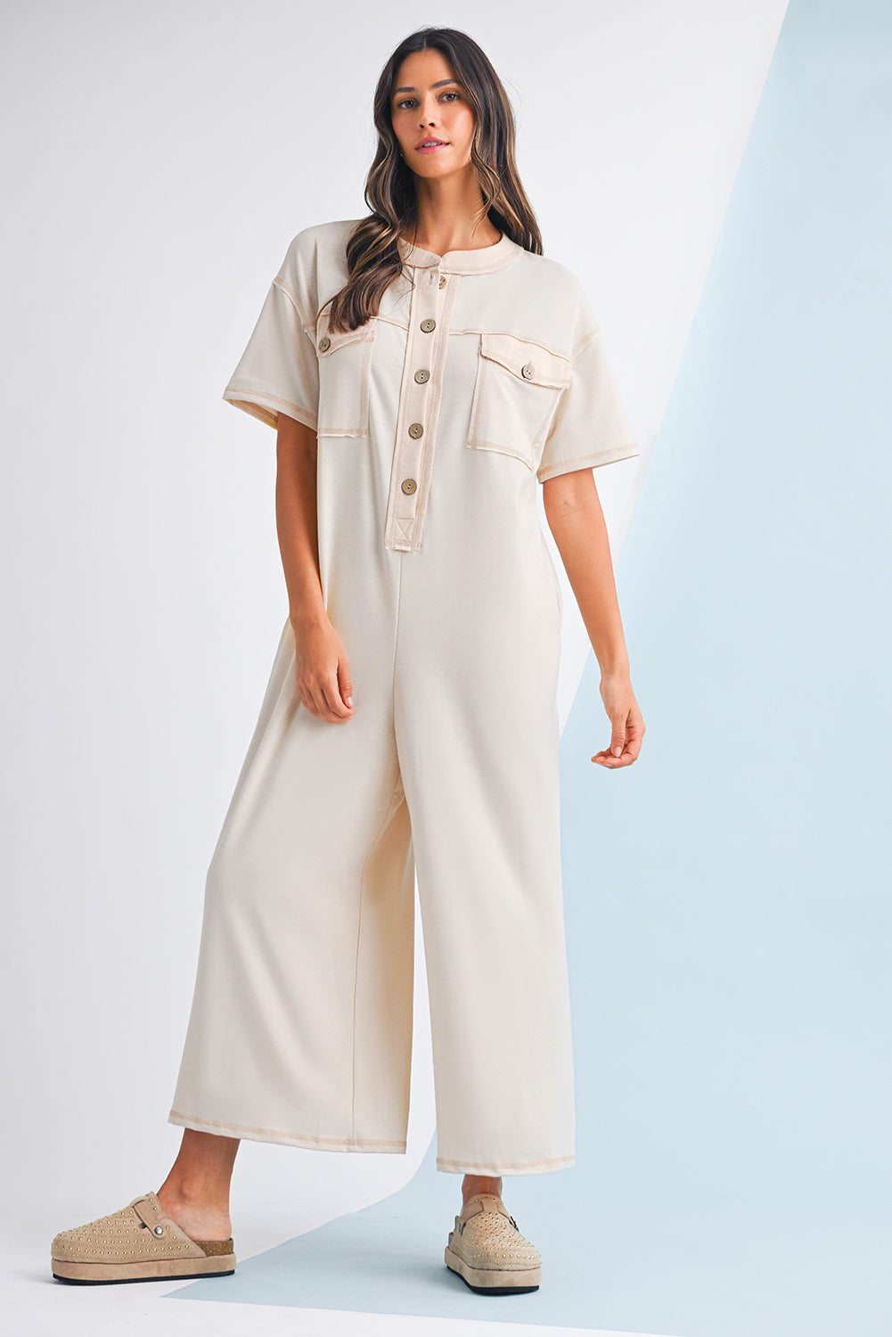 Beau Blue Patchwork Pocket Short Sleeve Jumpsuit