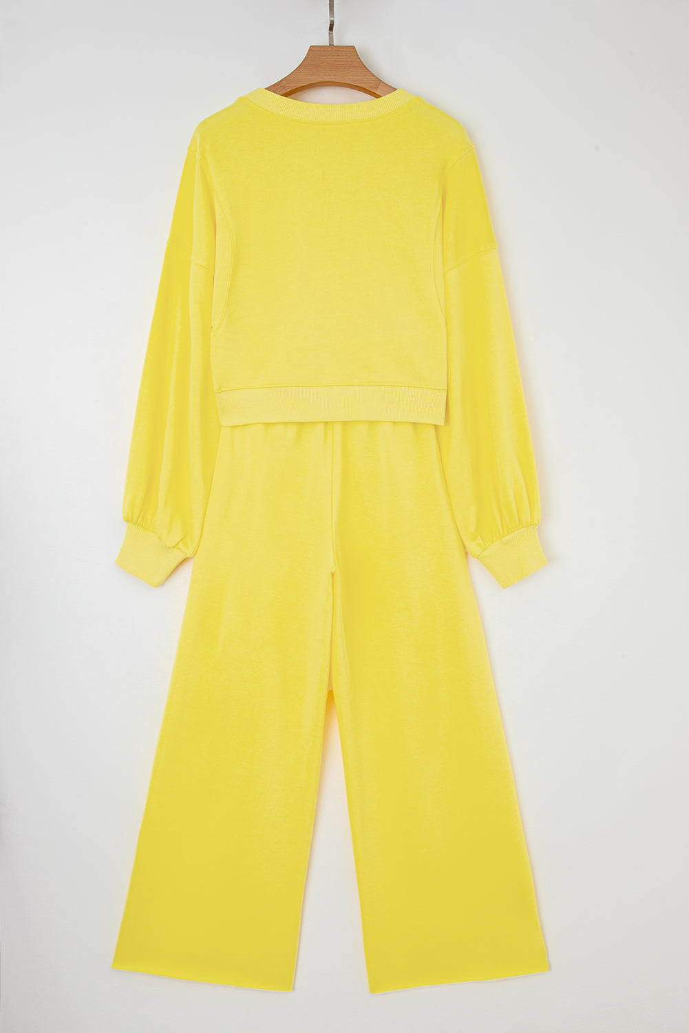 Bright Green Drop Shoulder Puff Sleeve Crop Pullover Drawstring Wide Leg Pants Set