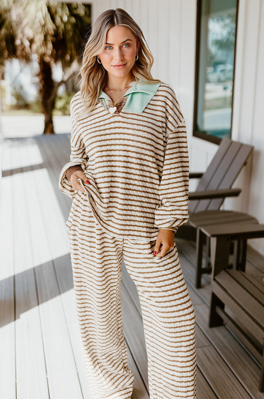 Khaki Stripe Collared Pullover Top and Drawstring Pant Set