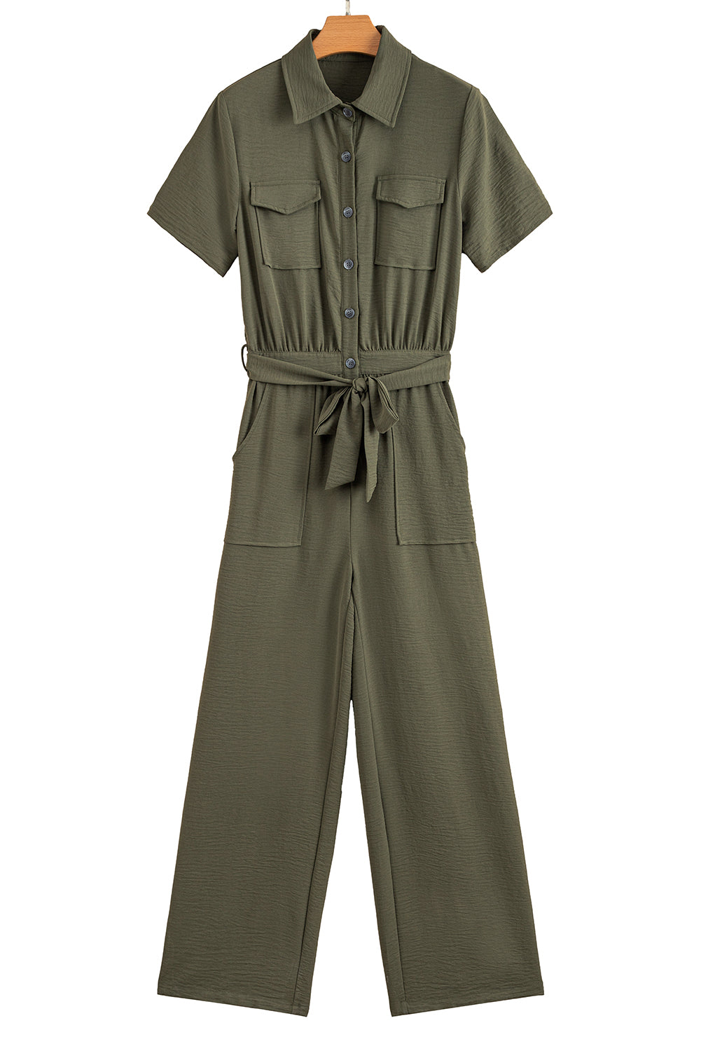 Moss Green Half Button Belted Utility Short Sleeve Jumpsuit