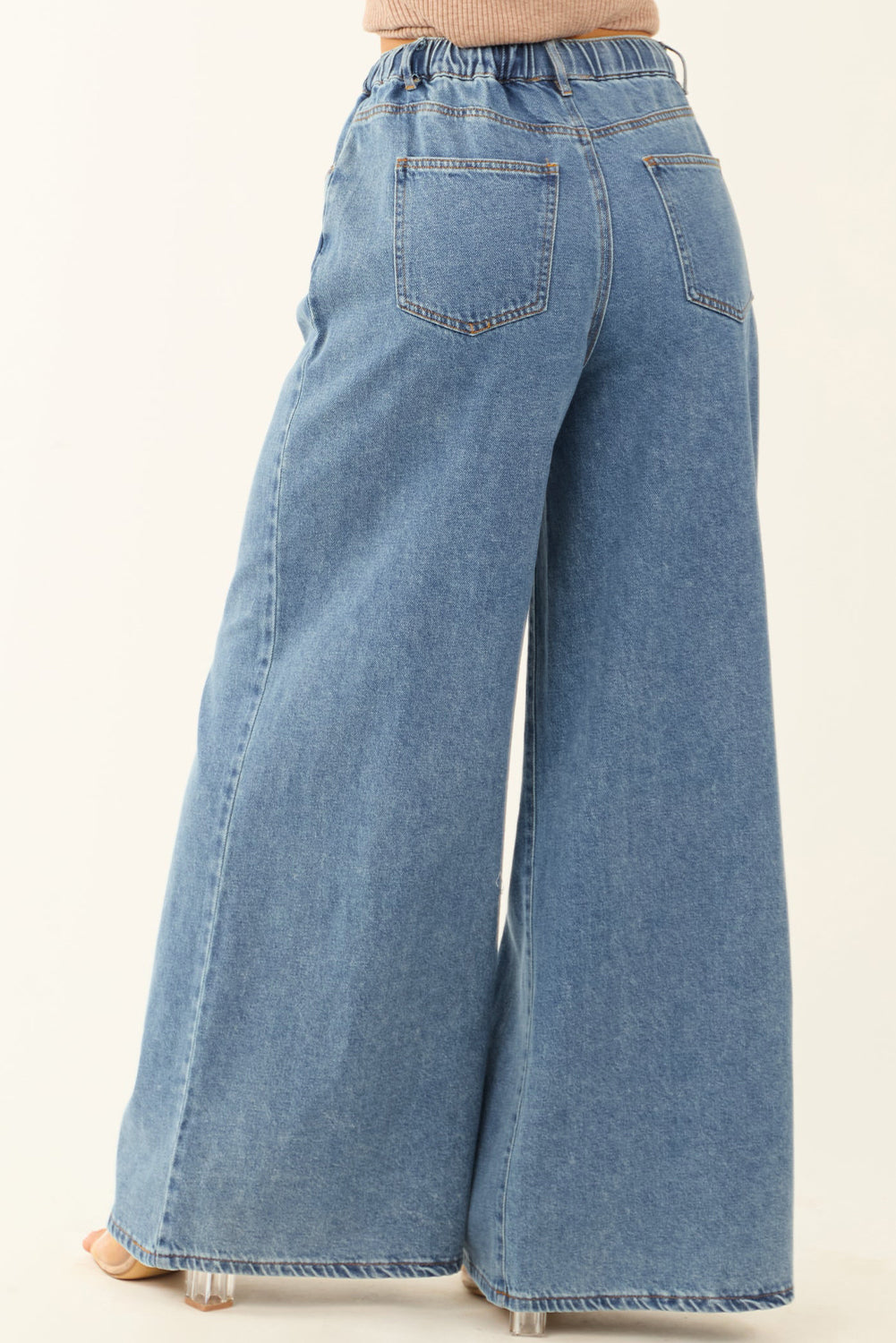 Dusk Blue Medium Wash Drawstring Waist Wide Leg Jeans