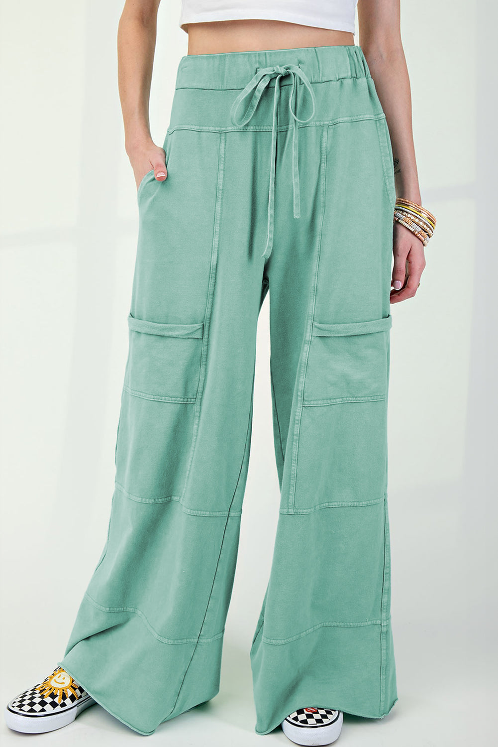Bonbon Mineral Wash Exposed Seam Wide Leg Cargo Pants