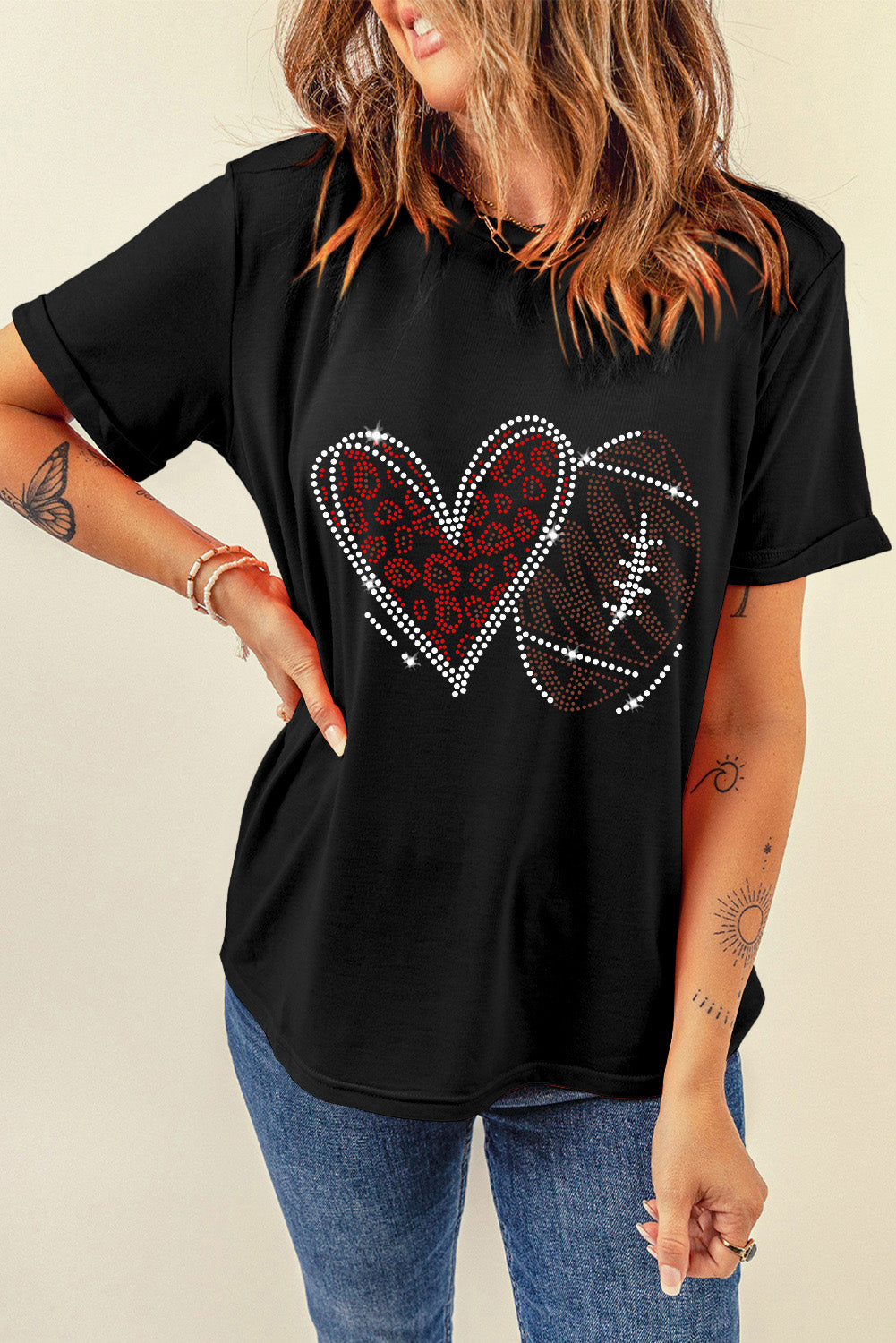 Black Rhinestone Rugby Heart Shape Graphic Game Day Crewneck T Shirt