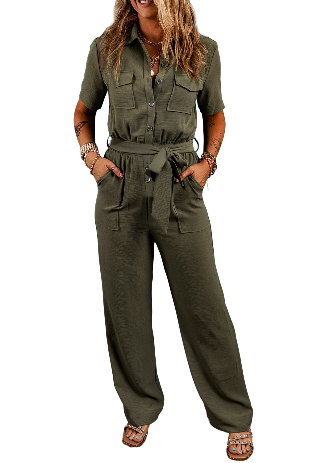 Moss Green Half Button Belted Utility Short Sleeve Jumpsuit