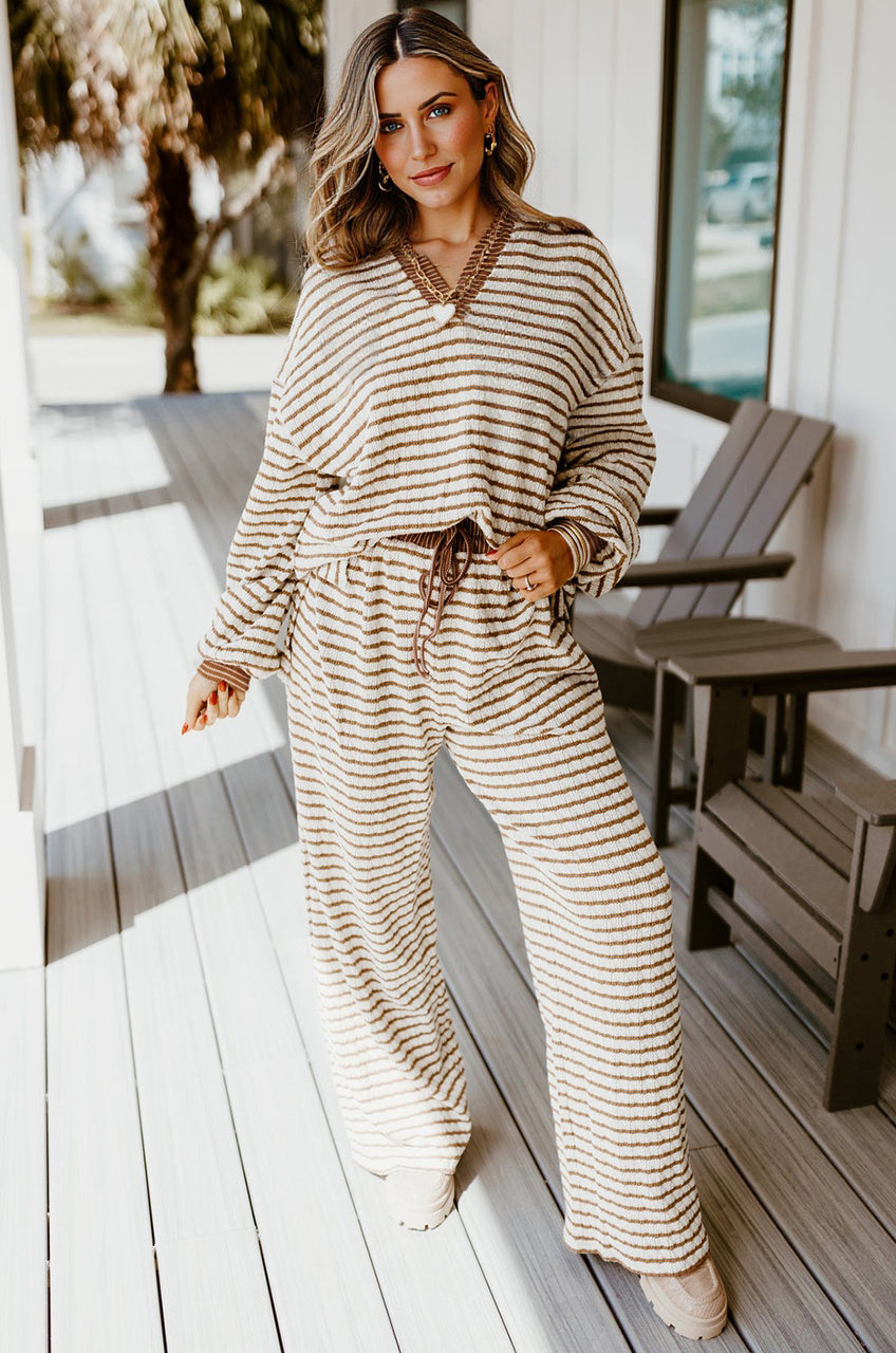 Khaki Stripe Collared Pullover Top and Drawstring Pant Set
