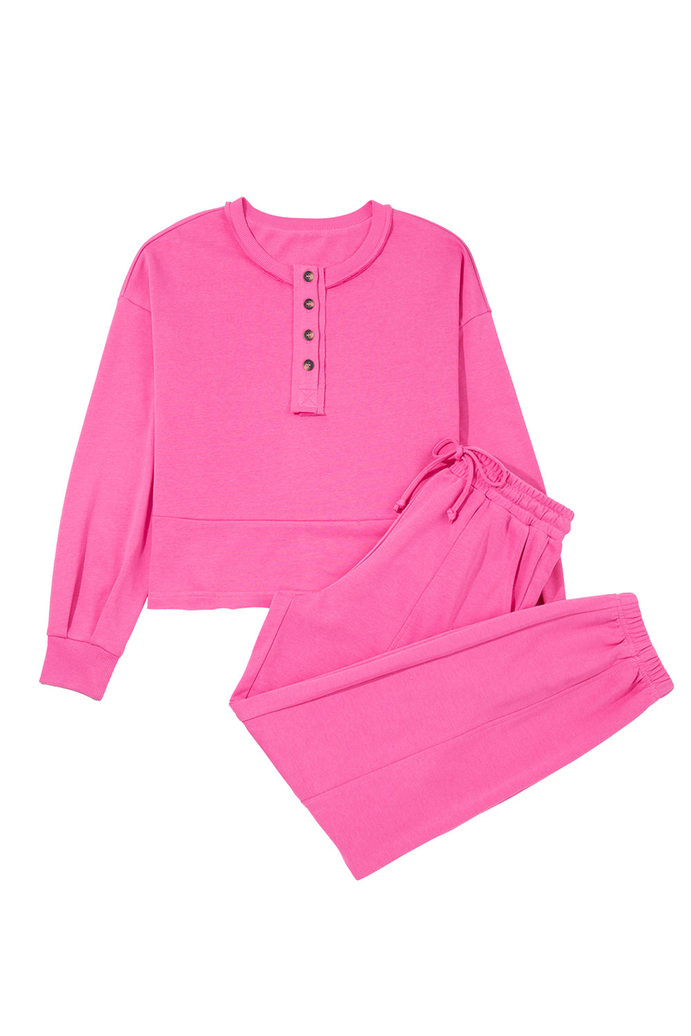 Bright Pink Raw Edge Henley Pullover and Jogger Pants Set