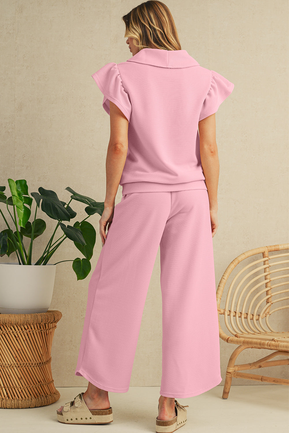 Black Textured Ruffle Sleeve Zipped Top and Wide Leg Pants Set
