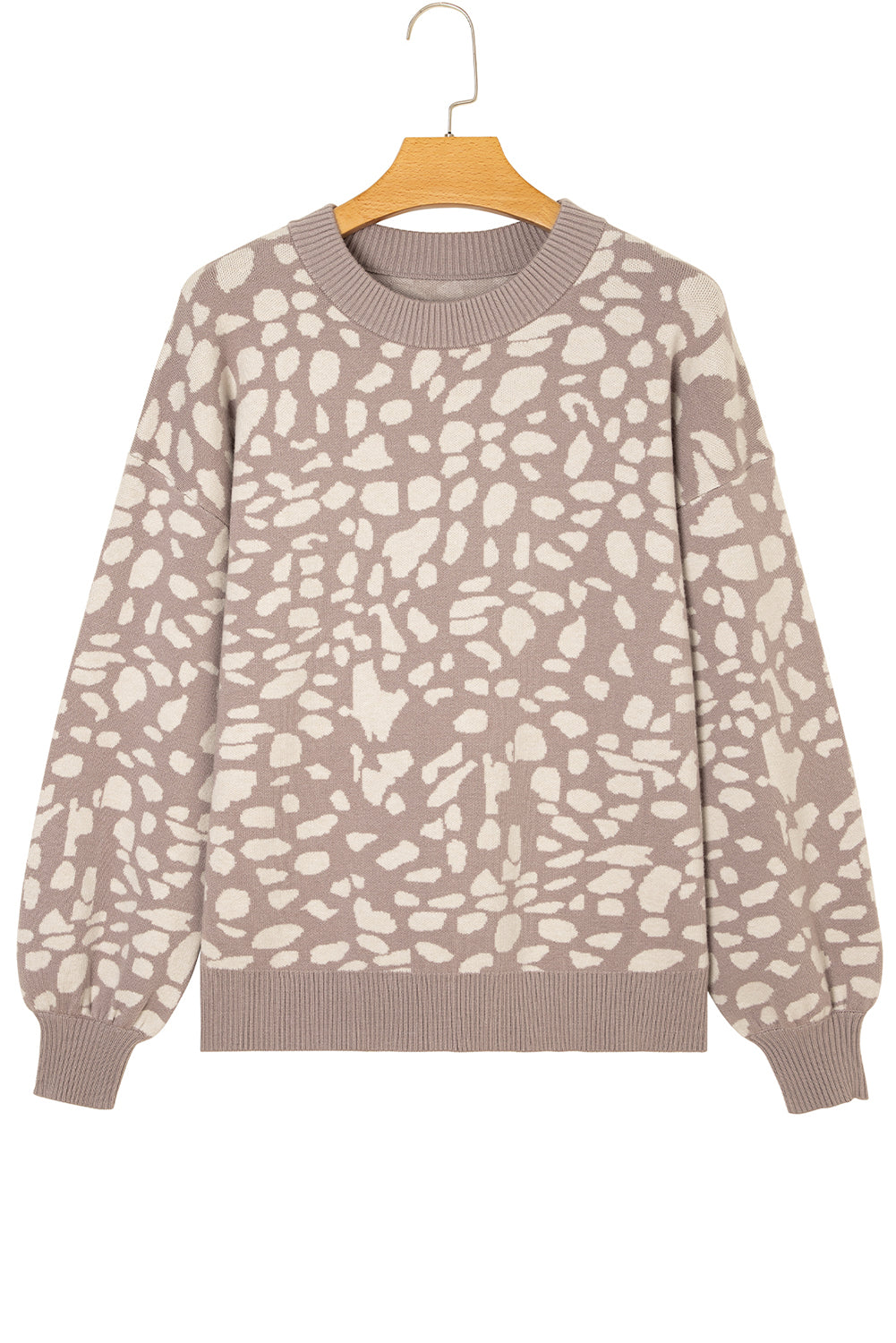 Gray Leopard Spots Pattern Ribbed Trim Drop Shoulder Sweater