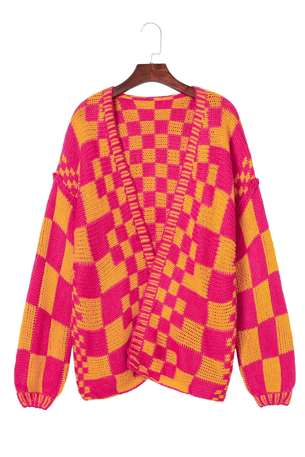 Smoke Gray Colorblock Checked Open Front Knitted Cardigan