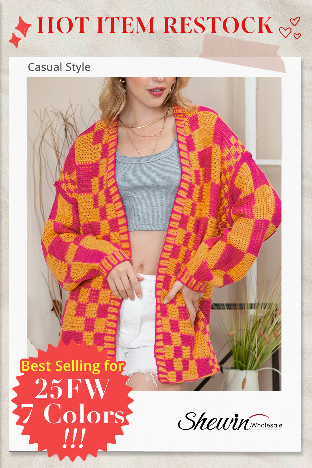 Smoke Gray Colorblock Checked Open Front Knitted Cardigan