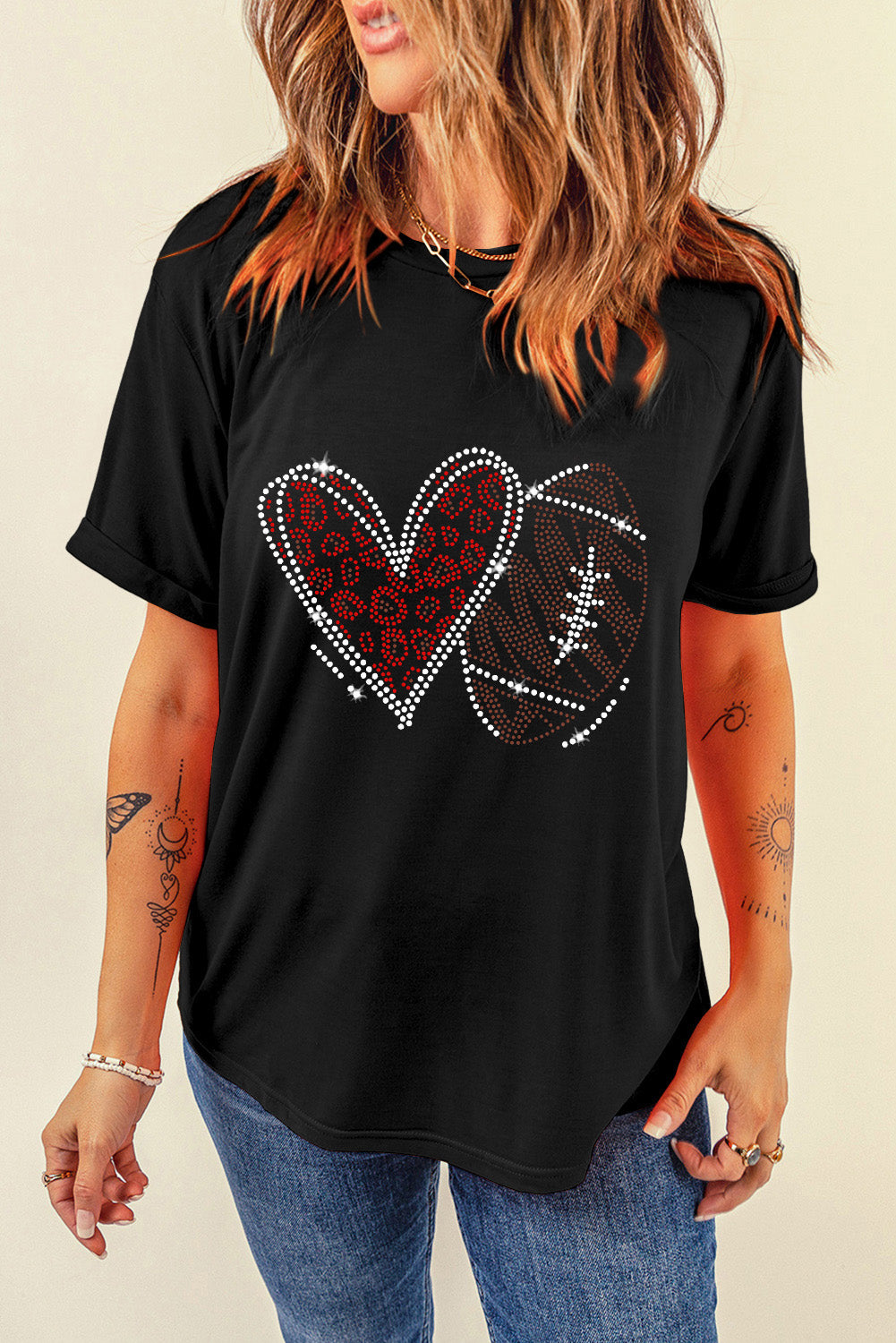 Black Rhinestone Rugby Heart Shape Graphic Game Day Crewneck T Shirt