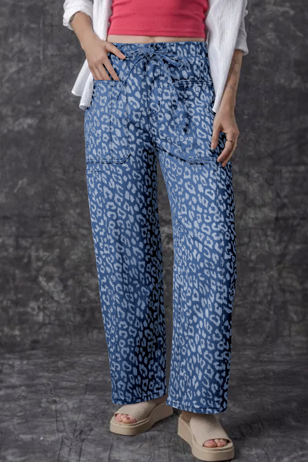 Khaki Leopard Printed Drawstring Elastic Waistband Pocketed Wide Leg Jeans