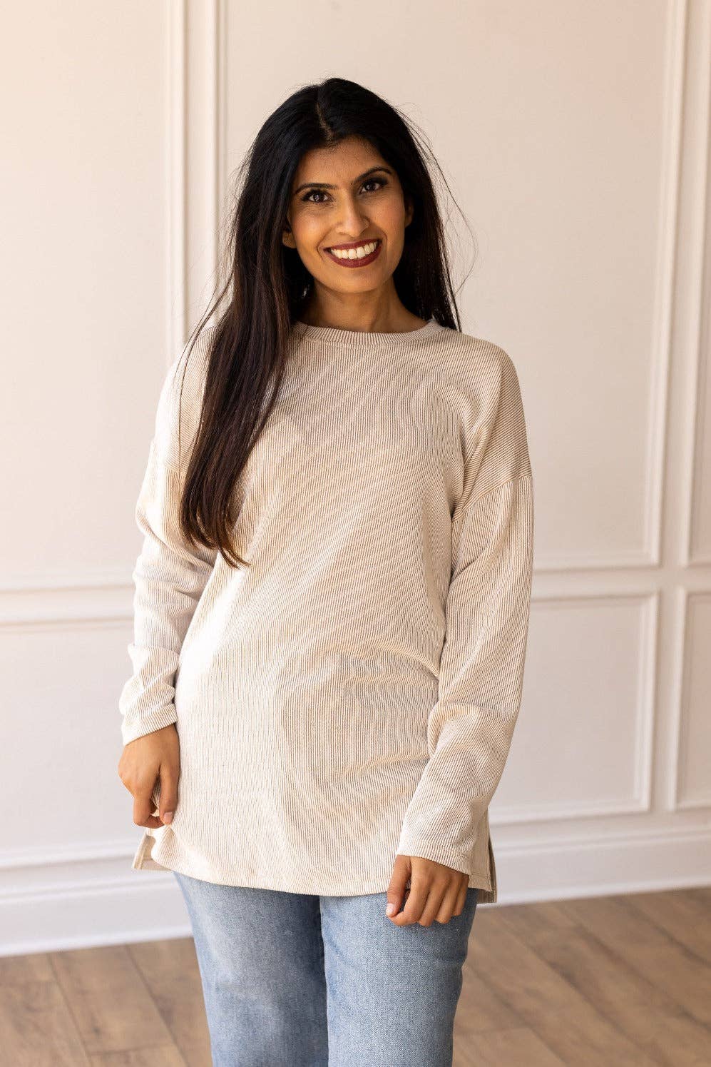 Pure Sweetness Beige Ribbed Long-sleeve Top