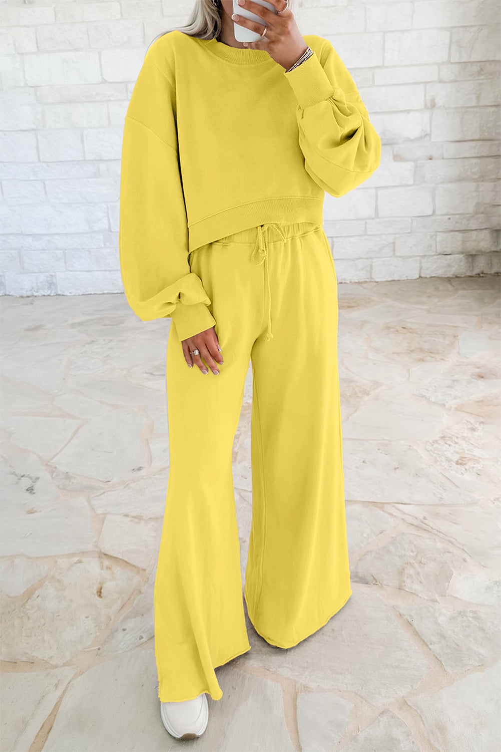 Bright Green Drop Shoulder Puff Sleeve Crop Pullover Drawstring Wide Leg Pants Set