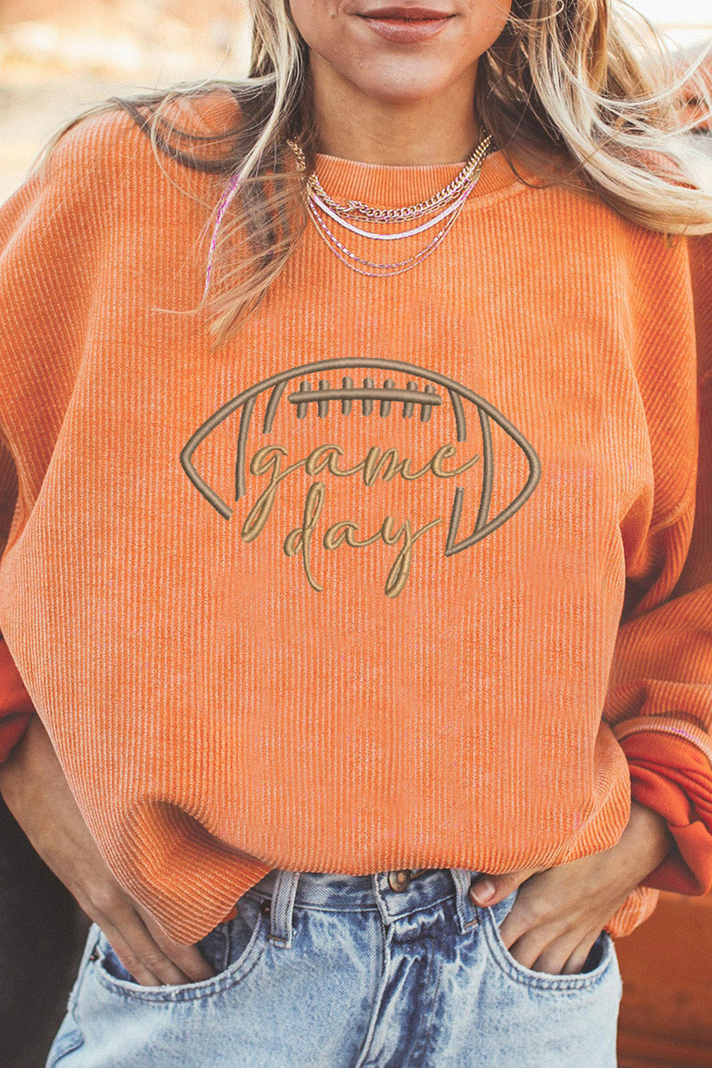 White Football Graphic Drop Shoulder Game Day Corded Sweatshirt