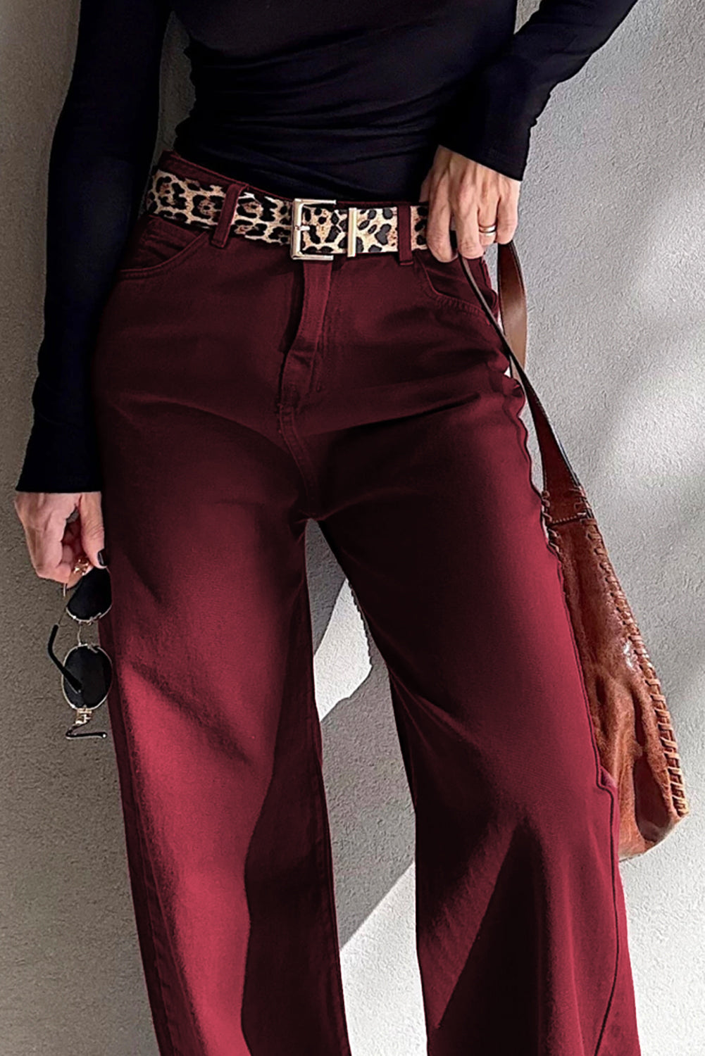 Coffee Loose Straight High Waist Solid Color Jeans