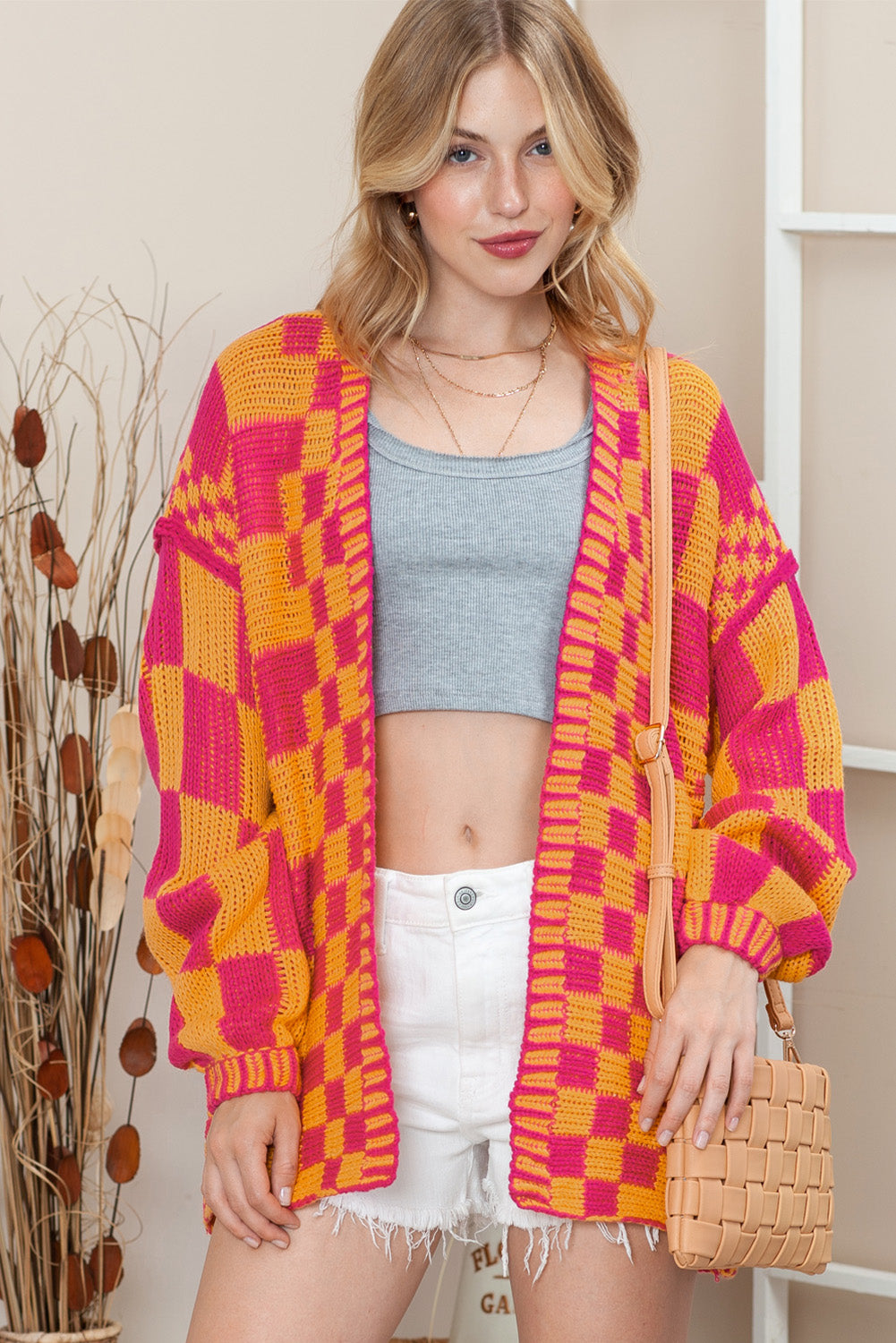 Smoke Gray Colorblock Checked Open Front Knitted Cardigan