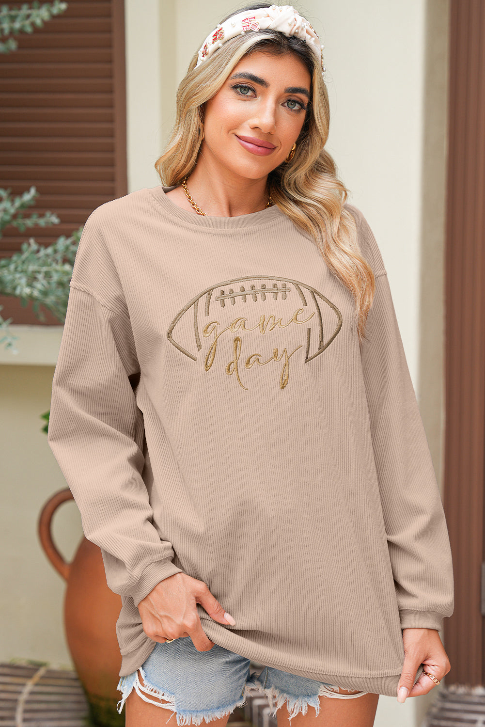 White Football Graphic Drop Shoulder Game Day Corded Sweatshirt