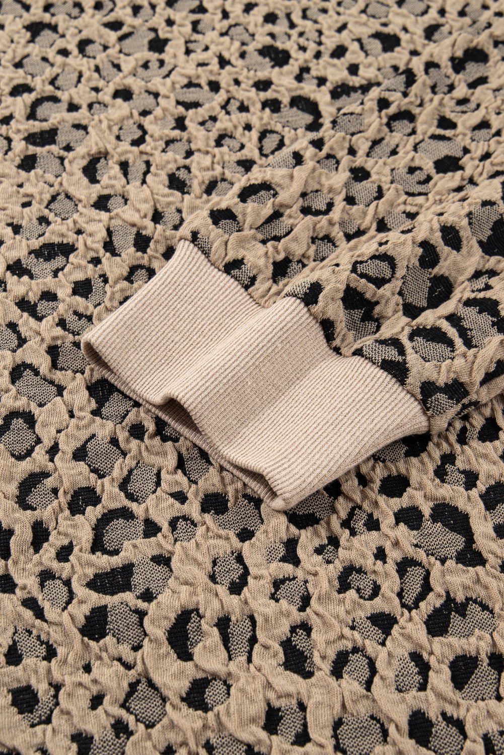 Khaki Leopard Textured Ribbed Trim Plus Size Long Sleeve Top