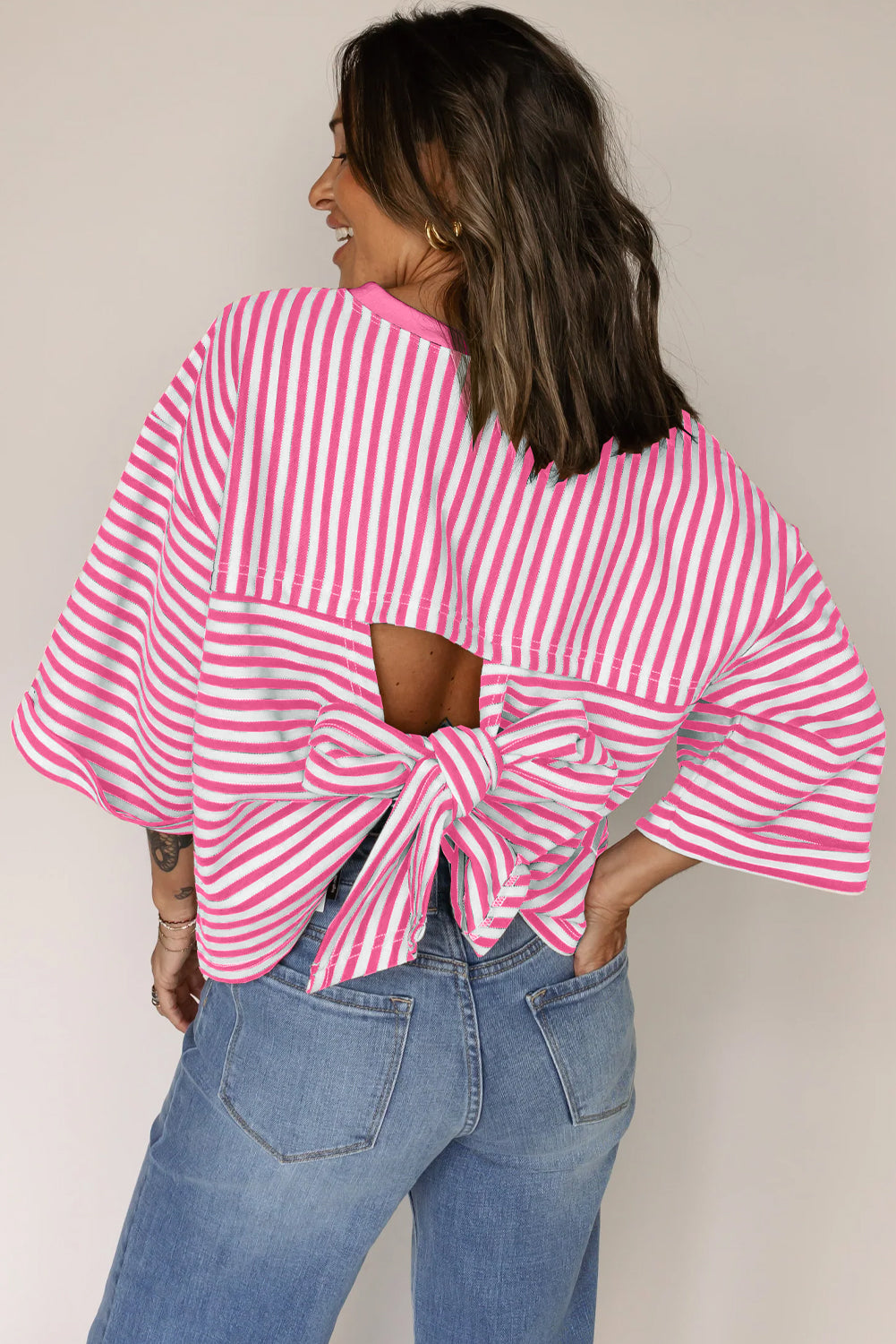 Black Stripe Bowknot Backless T-Shirt