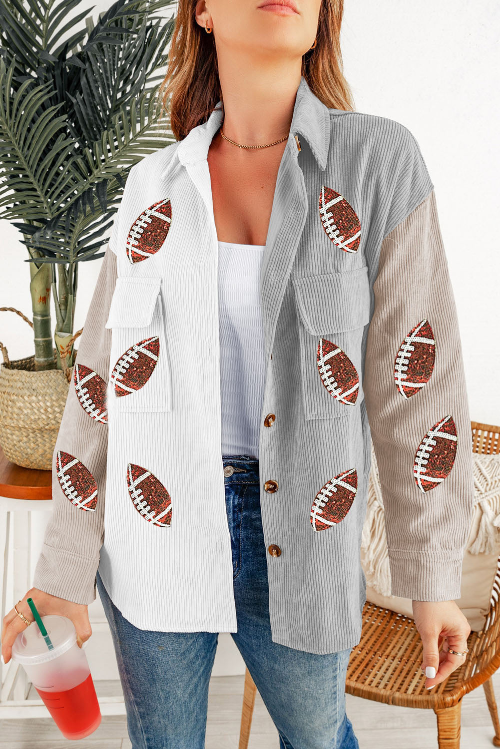 Corduroy Chic Sequin Football Shacket