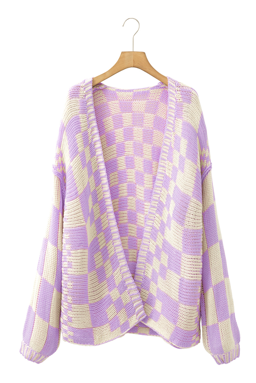 Smoke Gray Colorblock Checked Open Front Knitted Cardigan