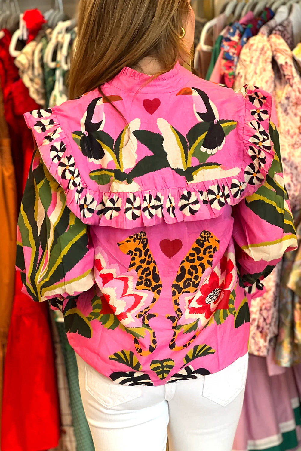 Rose Leopard Print Tropical Ruffle Blouse