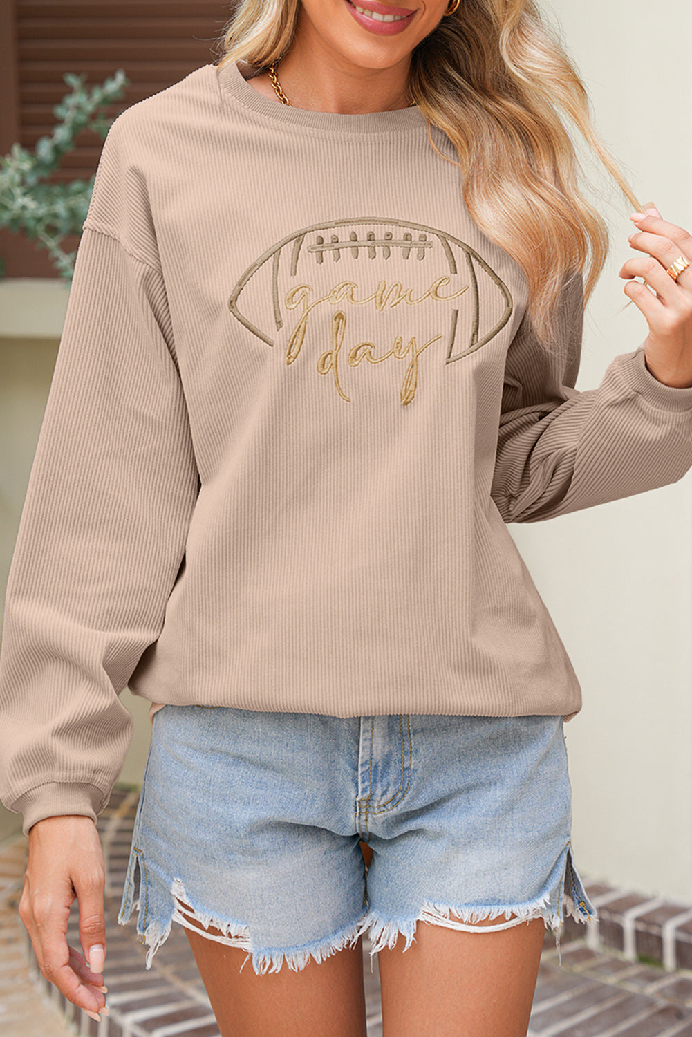 White Football Graphic Drop Shoulder Game Day Corded Sweatshirt