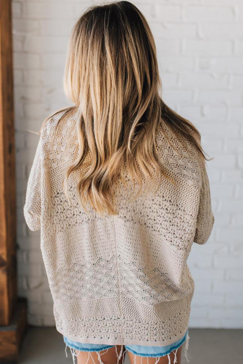 Jet Stream Mix Pattern Hollowed Knit Open Front Cardigan