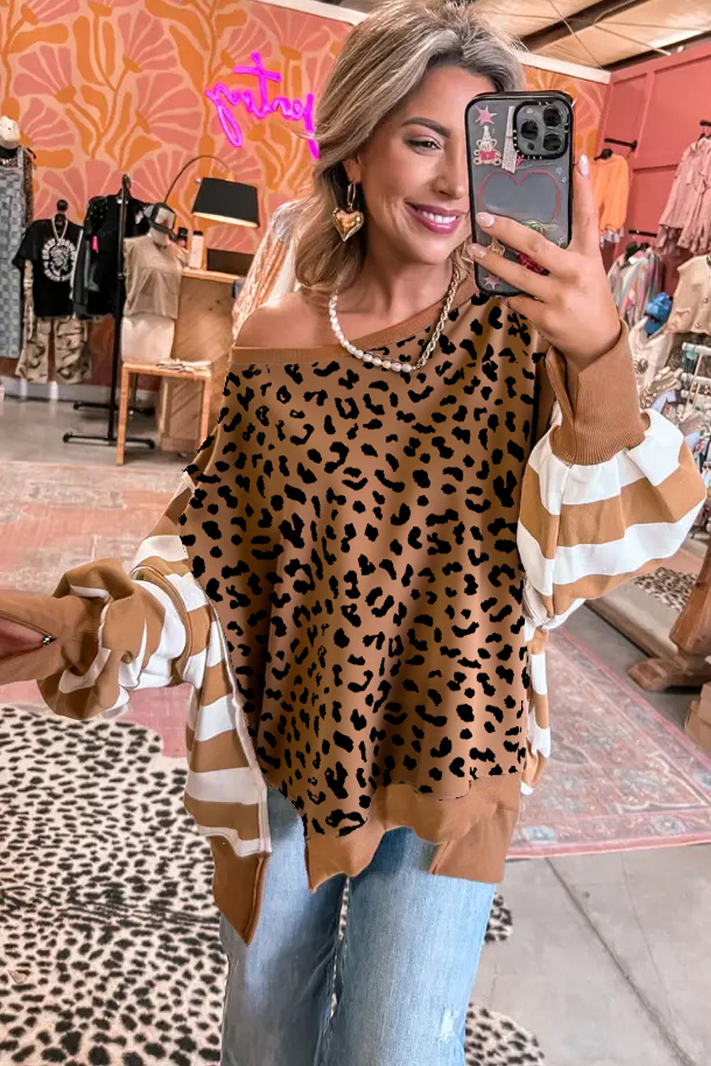 Khaki Stripe Color Block Patchwork Leopard Casual Sweatshirt with Slits